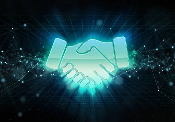 Digital handshake holographic icon bursting into blue and green neon light and digital connection 3D rendering