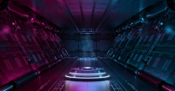 蓝色和粉色宇宙飞船内部有照明投影仪 空间站的未来派走廊 背景为发光的霓虹灯 3D渲染 — 图库照片