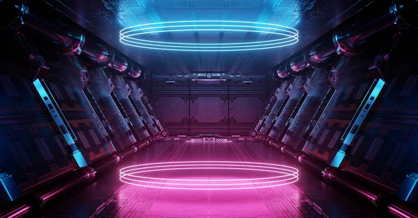 床に反射するネオンライトの表彰台と青とピンクの宇宙船のインテリア 円を背景にした宇宙ステーションの未来的回廊 3Dレンダリング — ストック写真