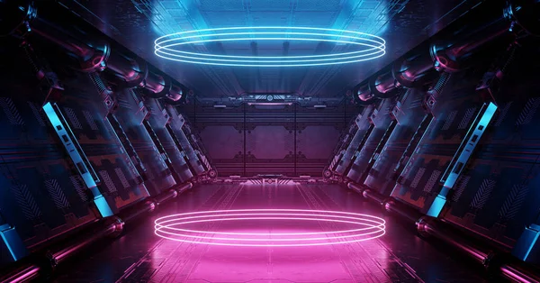 Interior Azul Rosa Nave Espacial Com Brilhante Neon Luzes Pódio — Fotografia de Stock