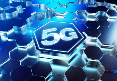 Mavi metal altıgen arka plana oyulmuş 5G simge konsepti. Soyut dijital yüzeyde parlayan kablosuz teknoloji logosu. 3d oluşturma