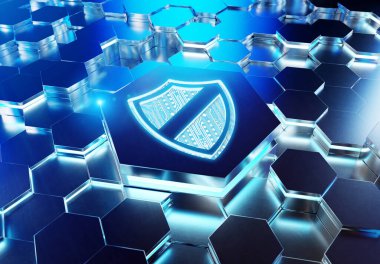 Mavi metal altıgen kaidesel arka plana kazınmış kalkan simgesi konsepti. Güvenlik logosu soyut dijital yüzeyde parlıyor. 3d oluşturma
