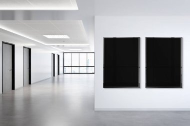Ofis duvarında asılı iki dikey çerçeve. Modern beton şirketinin 3D döşeme içindeki reklam panolarının maketi