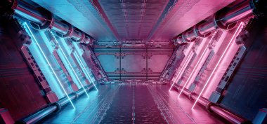 İç kısımları mavi ve pembe renkli. Panel duvarlarında neon ışıkları var. Uzay istasyonu arka planında gelecekçi modern koridor. 3d oluşturma