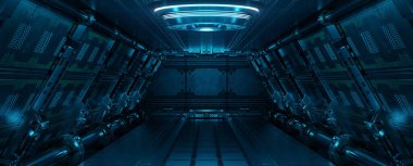 Mavi uzay gemisi iç kısmı, panel duvarlarında neon ışıkları var. Uzay istasyonu arka planında gelecekçi modern koridor. 3d oluşturma