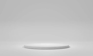 Beyaz ahşap sahne arka planı. Beyaz üzerine boş dairesel platformun modeli. Soyut geometrik yuvarlak kaide. 3B görüntüleme
