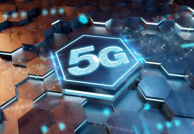 Mavi ve turuncu metal altıgen arkaplana oyulmuş 5G simge konsepti. Soyut dijital yüzeyde parlayan kablosuz teknoloji logosu. 3d oluşturma