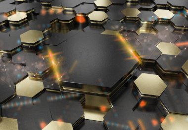 Parlak siyah ve altın renkli altıgen kürsünün arka planı. Işıklı ve yansımalı altıgen metal yüzey. 3B görüntüleme