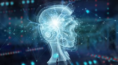 Mavi zemin üzerinde robot kafası olan yapay zeka holografik projeksiyonu