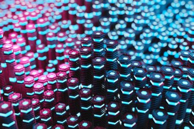 Metalik siyah reklam pembe parlayan altıgenler sütunları soyut arkaplan 3D görüntüleme