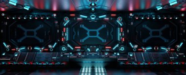 Parlayan kontrol panelleri ve düğmeleri olan karanlık bir uzay gemisi. Mavi ve kırmızı neon ışıklı gelecekteki uzay istasyonu. 3d oluşturma