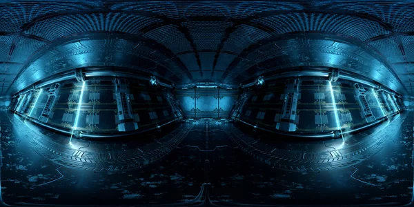 Hdri Vista Panorâmica Interior Nave Espacial Azul Escura Mapeamento Reflexão — Fotografia de Stock