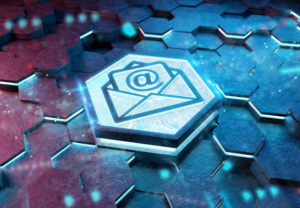 Mail Icoon Concept Gegraveerd Metaal Blauw Roze Zeshoekige Pedestrale Achtergrond — Stockfoto
