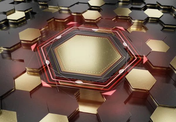 Brillante Patrón Fondo Podio Hexagones Negro Oro Superficie Metálica Hexagonal —  Fotos de Stock