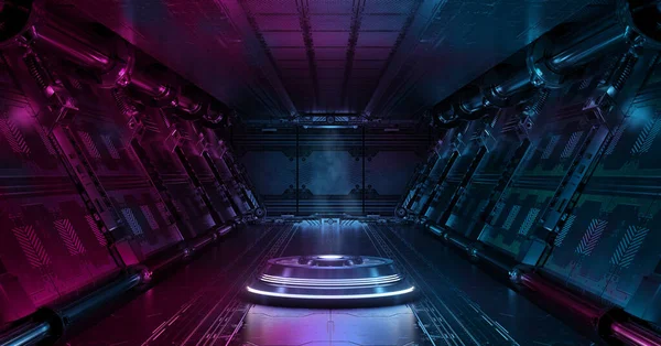 Interior Nave Espacial Azul Rosa Com Projetor Iluminado Corredor Futurista — Fotografia de Stock