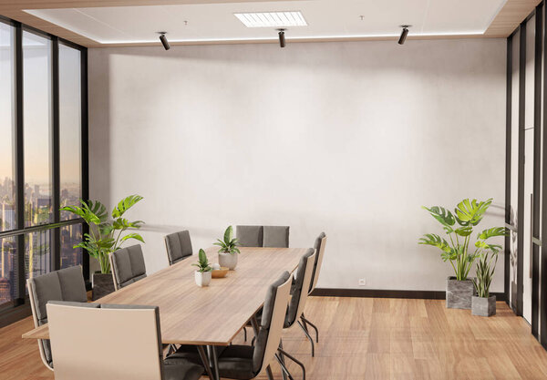 Blank wall Mockup in bright wooden office with large windows and sun passing through. Empty company meeting room 3D rendering