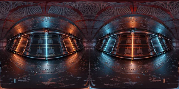 Hdri Panoramic View Dark Blue Orange Spaceship Interior High Resolution — Stock Photo, Image