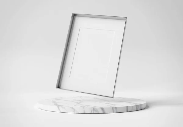 Blank Metal Photo Frame Mockup Floating Marble Podium Display Empty — Stock Photo, Image