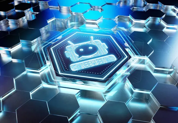 Chatbot Icon Concept Engraved Blue Metal Hexagonal Pedestral Background Chat — Stock Photo, Image