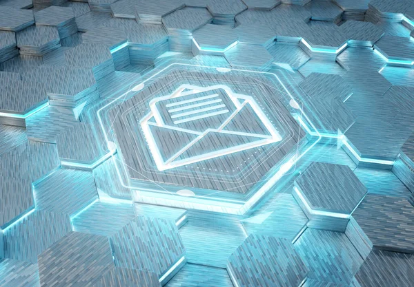 Mail Icon Konzept Auf Metall Weiß Und Blau Sechseckigen Fußboden — Stockfoto