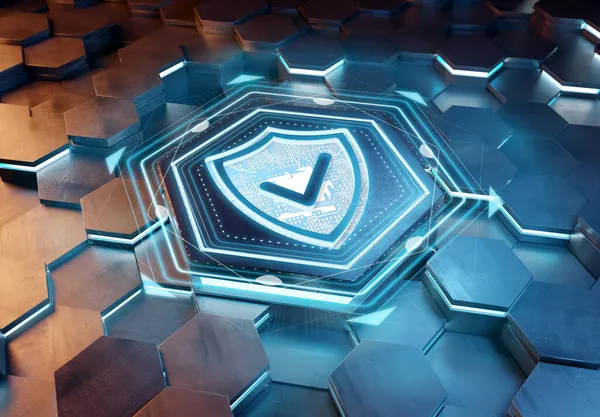 Shield Icon Concept Engraved Blue Orange Metal Hexagonal Pedestral Background — Stock Photo, Image