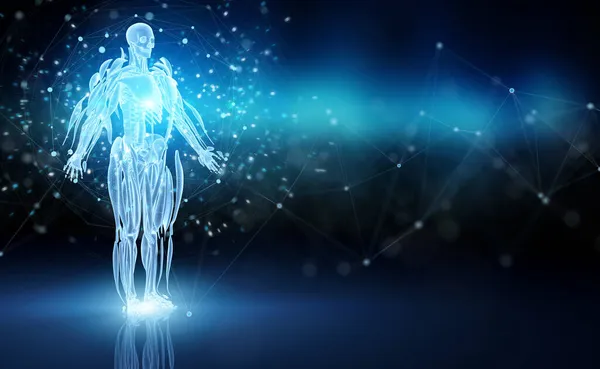 Digitale Röntgenaufnahme Des Menschlichen Körpers Holographische Projektion Auf Dunkelblauem Hintergrund — Stockfoto
