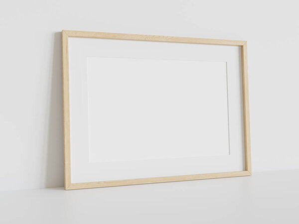 Wooden rectangular frame leaning on white floor in interior mockup. Template of a picture framed on a wall 3D rendering