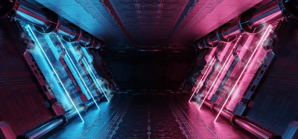 Niebiesko Różowe Wnętrze Statku Kosmicznego Neonami Ścianach Paneli Futurystyczny Nowoczesny — Zdjęcie stockowe