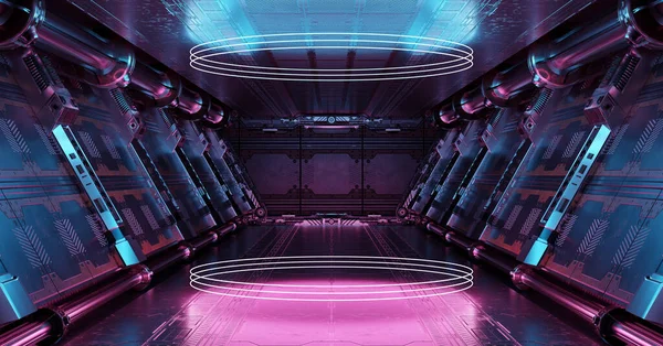 Kék Rózsaszín Űrhajó Belső Világító Neon Fények Pódium Tükröződik Padlón — Stock Fotó