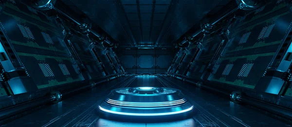 Modrý Interiér Kosmické Lodi Osvětleným Projektorem Futuristická Chodba Vesmírné Stanici — Stock fotografie