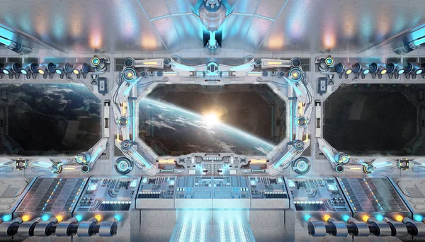 輝く青と赤のライトと白い宇宙船のインテリア 惑星地球上の大きな窓からの眺めとコントロールパネルを持つ未来的な宇宙船 3Dレンダリング — ストック写真