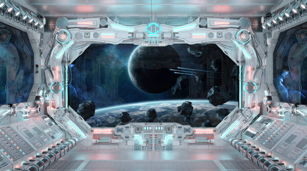 White spaceship interior with glowing blue and red lights. Futuristic spacecraft with large window view on planets in space and control panels. 3D rendering