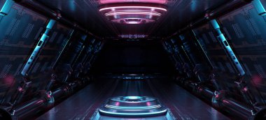 Aydınlatılmış projektörlü mavi ve pembe uzay gemisi. Uzay istasyonunda parlak neon ışıklarıyla dolu fütürist koridor. 3d oluşturma
