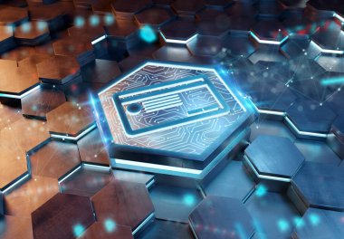 Mavi ve turuncu metal altıgen arka plana kazınmış ödeme kartı ikonu konsepti. Soyut dijital yüzeyde parlayan kredi kartı logosu. 3d oluşturma