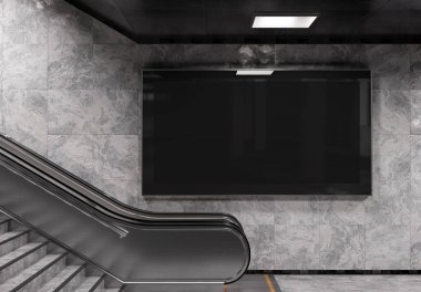 Metrodaki metro duvarında panoramik 2: 1 reklam panosu Mockup. İstasyon duvarına 3 boyutlu reklam istiflemek