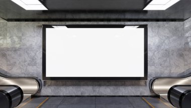 Metro Mockup 'ta büyük panoramik reklam panosu. Tren istasyonunun duvarında asılı reklamlar 3D görüntüleme
