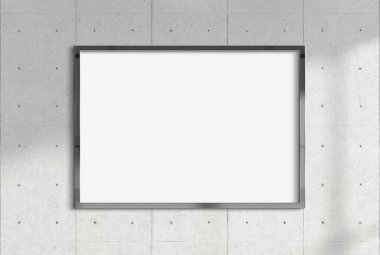 Güneşli beton levhalara asılı bir ilan tahtası. 3 boyutlu güneş ışığıyla yıkanmış çerçeve şablonu