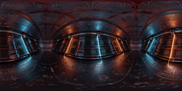 ダークブルーオレンジの宇宙船の内部のHdriパノラマビュー 高解像度360度パノラマ反射マッピング未来の宇宙船ルーム3Dレンダリング — ストック写真