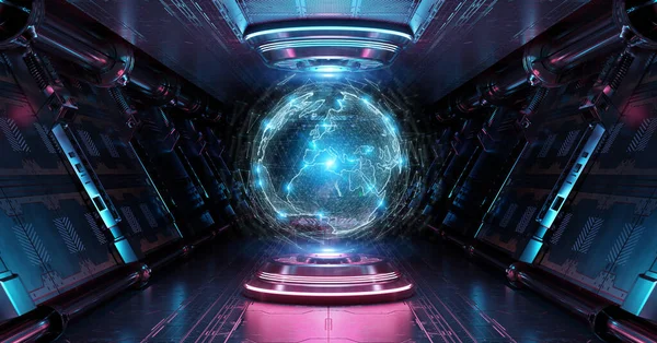 Kék Rózsaszín Űrhajó Belső Tér Világító Neon Világtérképpel Futurisztikus Folyosó — Stock Fotó