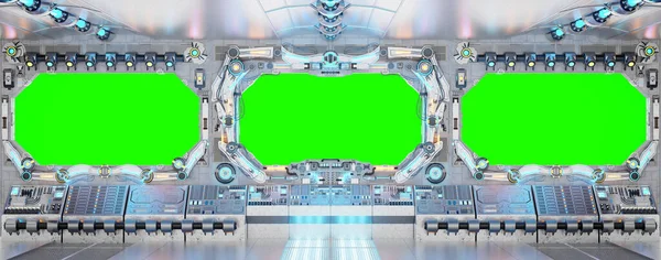 White Spaceship Interior Isolated Large Window Futuristic Spacecraft Glowing Blue — Stock Photo, Image