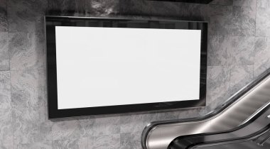 Metrodaki metro duvarında panoramik 2: 1 reklam panosu Mockup. İstasyon duvarına 3 boyutlu reklam istiflemek