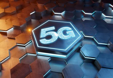Mavi ve turuncu metal altıgen arkaplana oyulmuş 5G simge konsepti. Soyut dijital yüzeyde parlayan kablosuz teknoloji logosu. 3d oluşturma