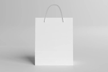 Beyaz arka planda alışveriş torbası modeli. Boş dokular üzerine boş bir kağıt torbası kalıbı. 3B görüntüleme