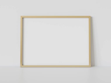 Altın dikdörtgen çerçeve beyaz zemine dayanıyor. 3 boyutlu bir resimde çerçevelenmiş bir resmin şablonu