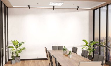 Boş duvar, parlak ahşap ofiste büyük pencereleri ve içinden güneş geçen bir model. Boş şirket toplantı odası 3D görüntüleme