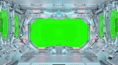 Geniş pencereli beyaz bir uzay gemisi. Parlak mavi ve kırmızı kontrol panelleri ve boş manzaralı gelecekçi uzay aracı. 3B görüntüleme