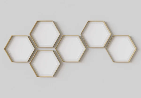 Χρυσό Εξάγωνο Λευκό Κορνίζες Φωτογραφία Mockup Κρέμονται Στον Εσωτερικό Τοίχο — Φωτογραφία Αρχείου