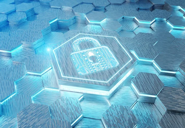 Beyaz ve mavi metal altıgen arka plana kazınmış web güvenlik simgesi konsepti. Soyut dijital yüzeyde parlayan asma kilit logosu. 3d oluşturma