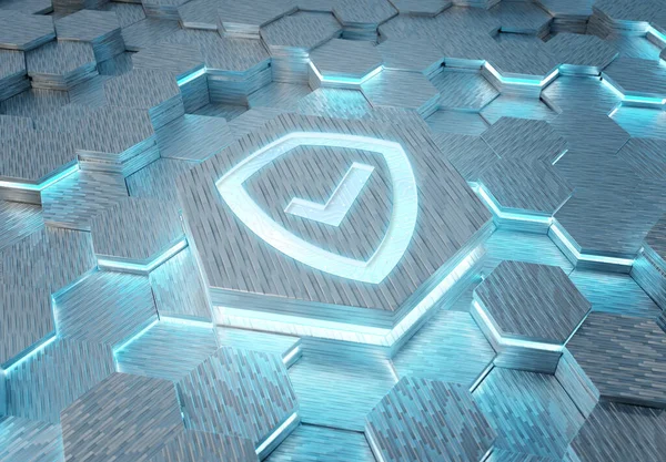 Beyaz ve mavi metal altıgen arkaplana kazınmış bir kalkan simgesi konsepti. Güvenlik logosu soyut dijital yüzeyde parlıyor. 3d oluşturma