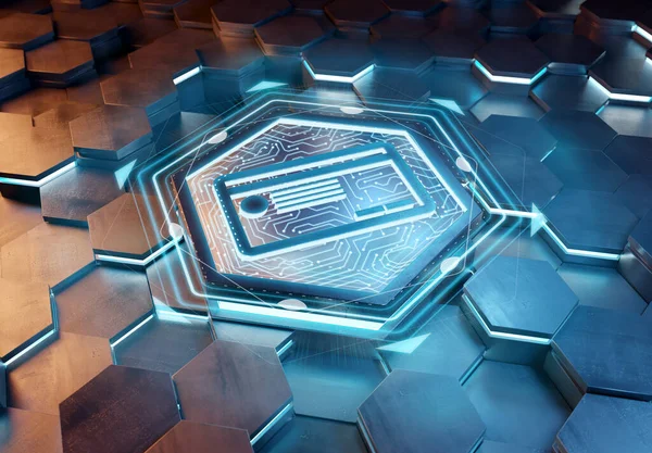 Mavi ve turuncu metal altıgen arka plana kazınmış ödeme kartı ikonu konsepti. Soyut dijital yüzeyde parlayan kredi kartı logosu. 3d oluşturma